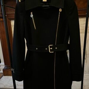 Michael Kors Black Belted Coat with Gold Accents